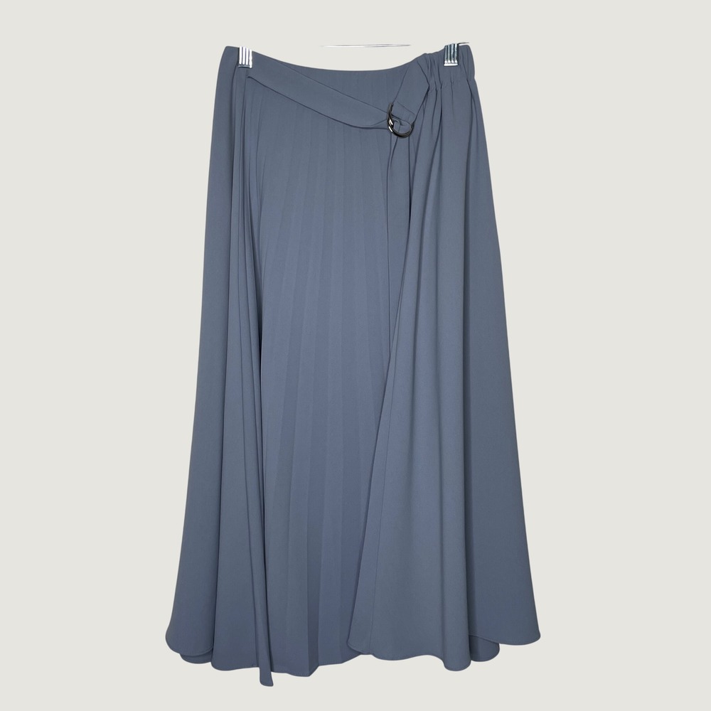 Glow Pleated Midi Skirt Women XS‎ Blue Gray Wrap D-Ring Buckle Accordion Flowy